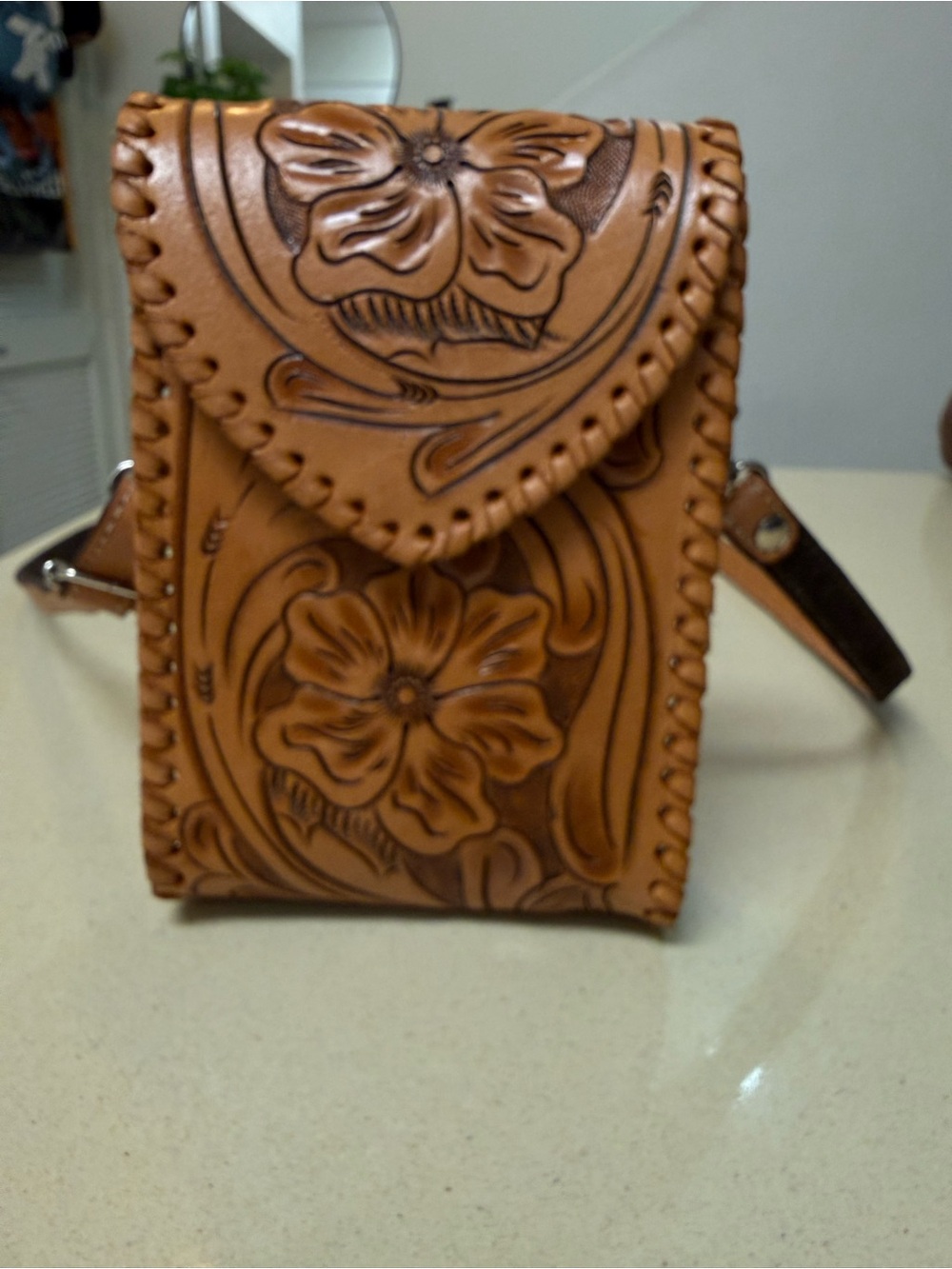Unbranded Floral Leather Hand Tooled Crossbody